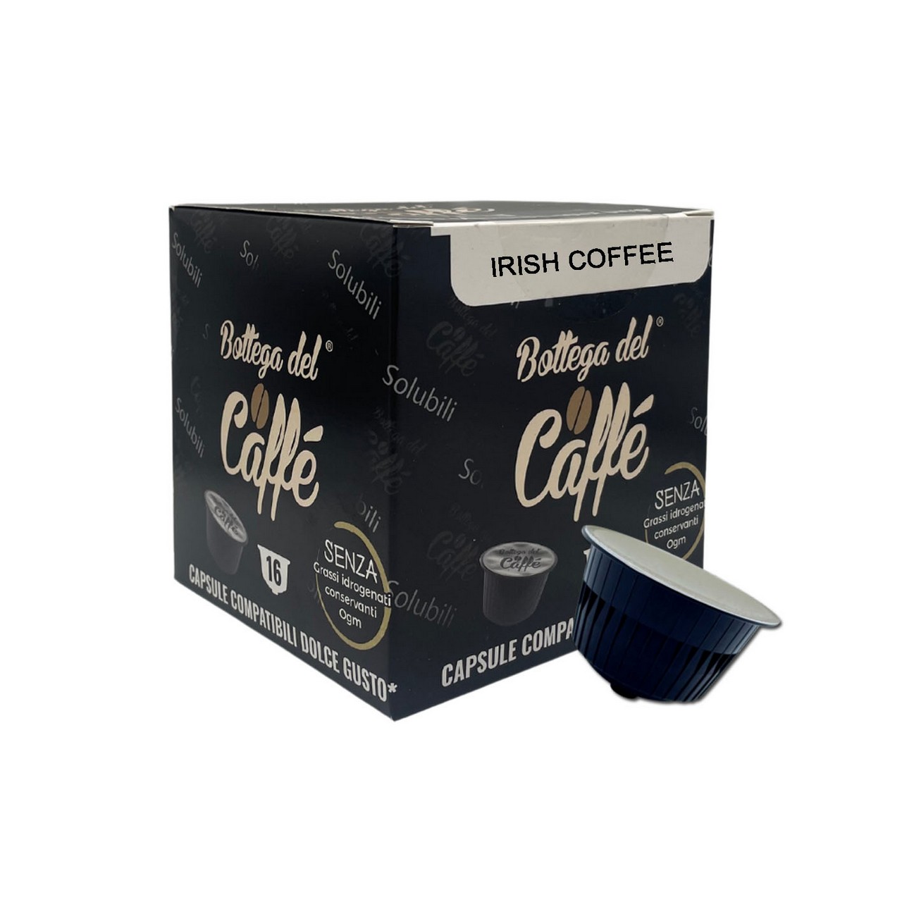 Scatola e capsula di solubile Nescafè Dolce Gusto al gusto Irish Coffee Bottega del Caffè
